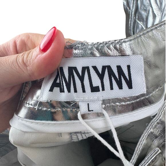 AMYLYNN NWT  Womens Lupe Silvery Metallic Straight Leg High Rise Trouser Pants - Picture 5 of 10